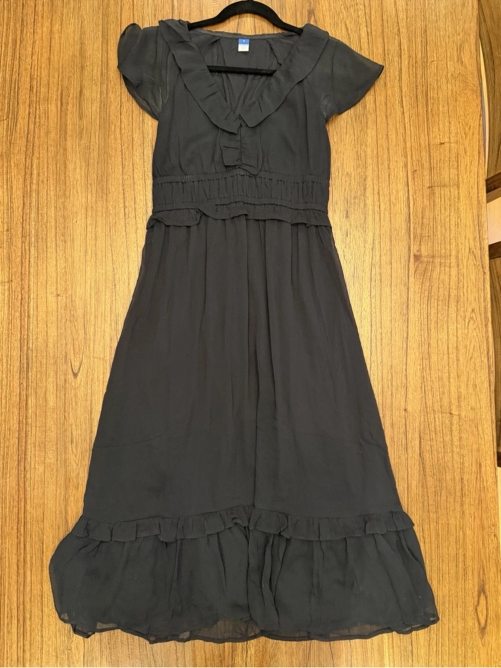 Vintage Style Old Navy Black Ruffle Smocked Waist Goth Boho Midi Dress Small